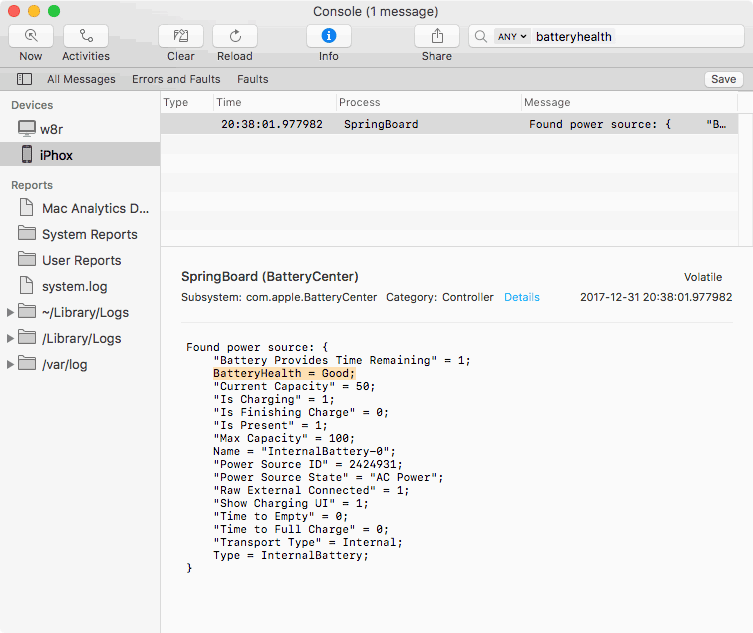 Окно Console на Mac с логами устройства и сообщением о состоянии батареи