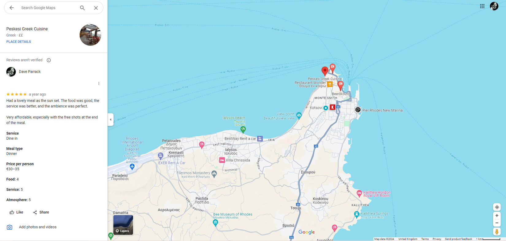 A Google Maps review of Peskesi restaurant