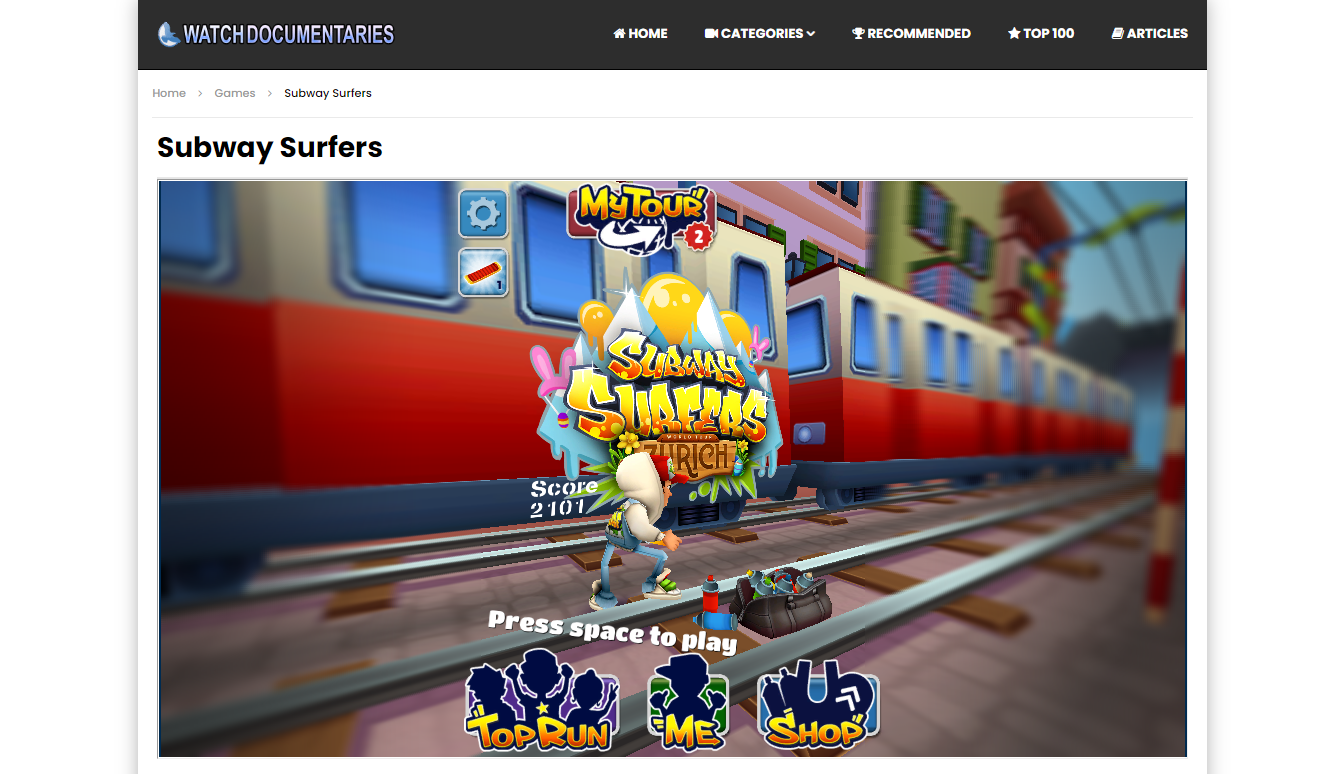 Скриншот: интерфейс игры Subway Surfers в браузере на ПК