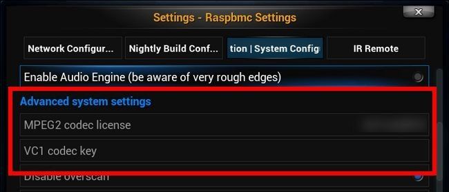 Окно настроек Raspbmc с полями для ввода лицензий MPEG‑2 и VC‑1