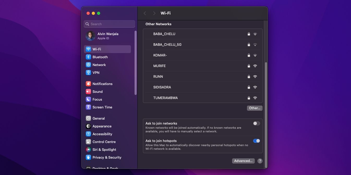 Страница настроек Wi‑Fi в macOS с кнопкой 'Дополнительно'