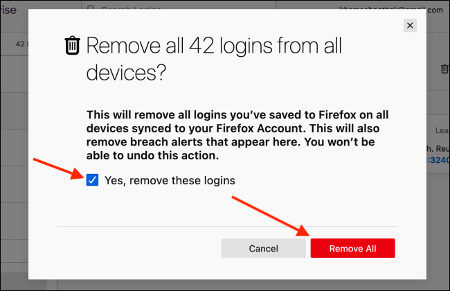 Подтвердите удаление всех логинов в Firefox