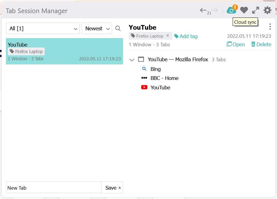Кнопка облачной синхронизации в Tab Session Manager