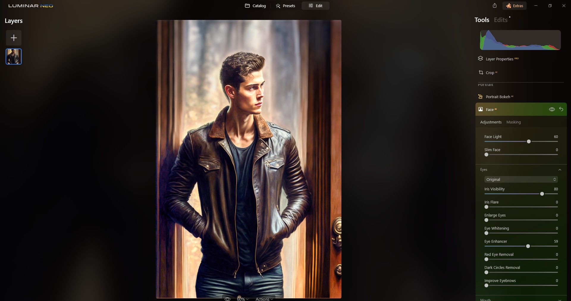 Панель Face AI с ползунками Face Light и Eye Enhancer