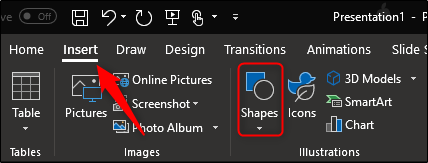 Меню вставки фигур в PowerPoint