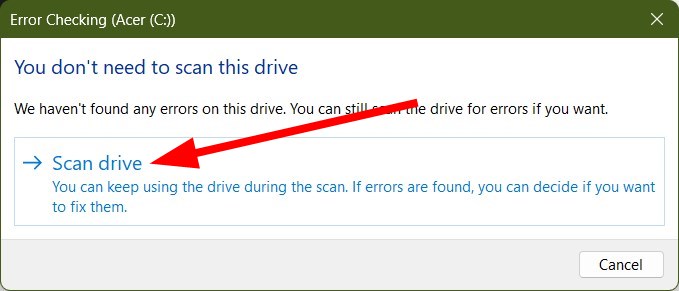 Процесс сканирования и исправления диска