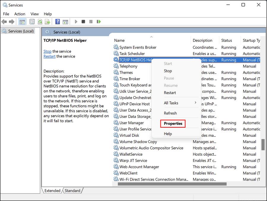 Свойства службы TCP/IP NetBIOS Helper