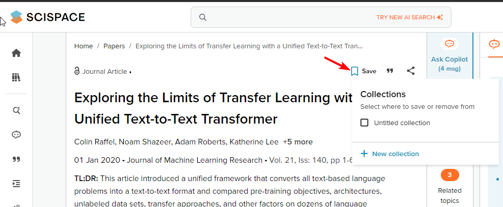 Интерфейс сохранения статьи в коллекцию библиотеки SciSpace