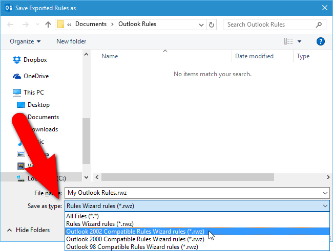 Выбор типа файла правил для старых версий Outlook