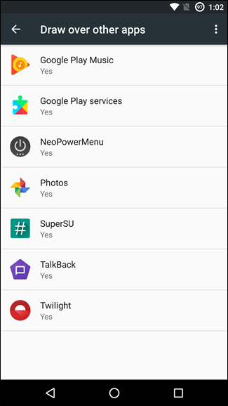 Список приложений с правами Показ поверх в Android