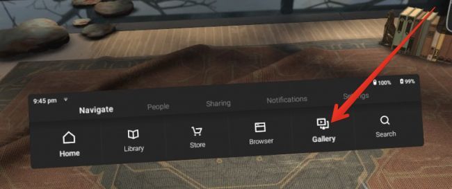 Меню Oculus с открытой Галереей, показан интерфейс выбора Internal Storage