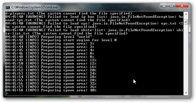 Окно командной строки при запуске сервера Bukkit