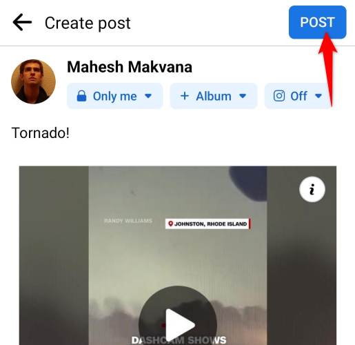 Кнопка «Опубликовать» в приложении Facebook.