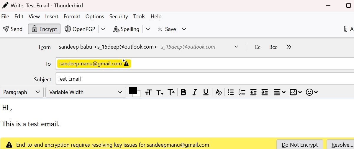 Скриншот окна создания сообщения в Thunderbird