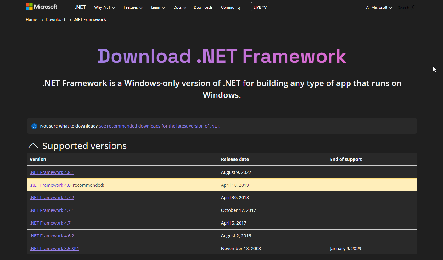 Скачивание .NET Framework с официального сайта
