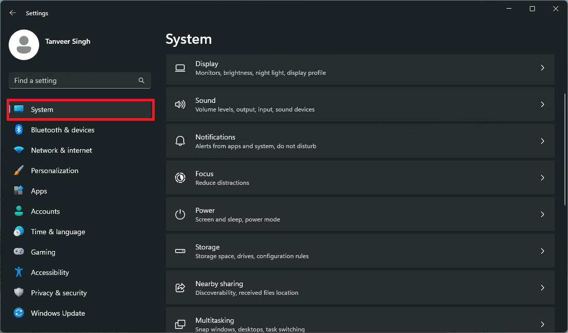 Навигация в Параметрах к разделу Система.
