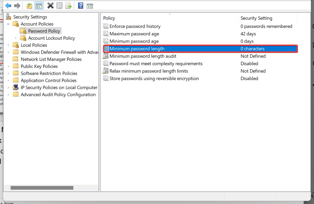 Параметр Минимальная длина пароля в списке настроек