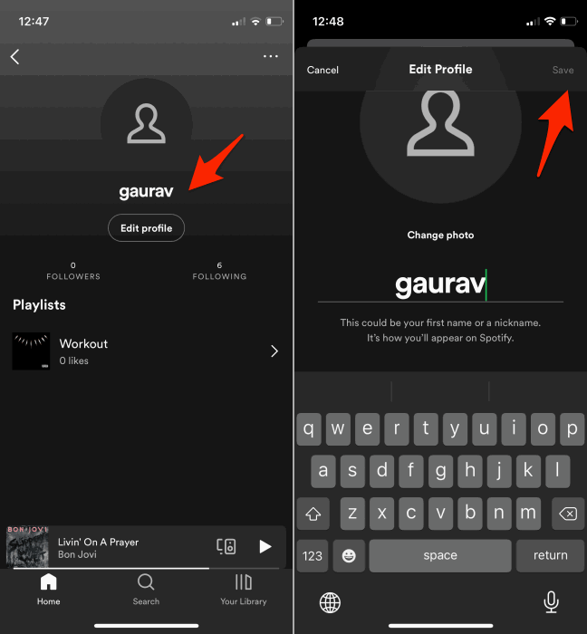 Меню редактирования имени в мобильном приложении Spotify