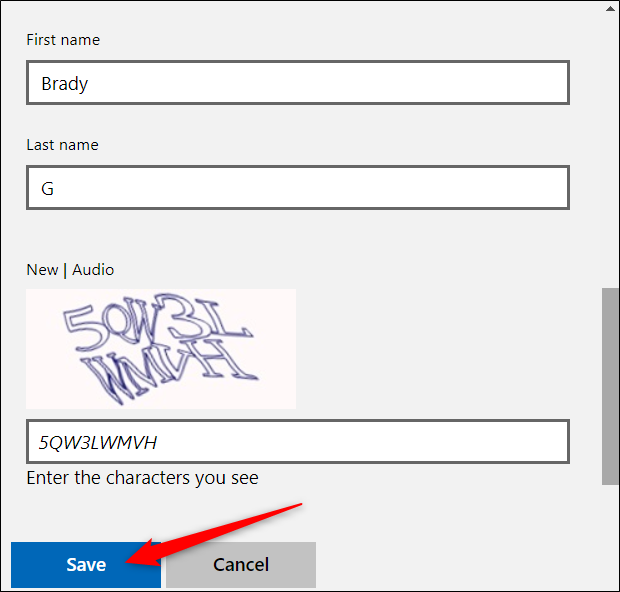 Введите новое имя и выполните CAPTCHA, затем нажмите
