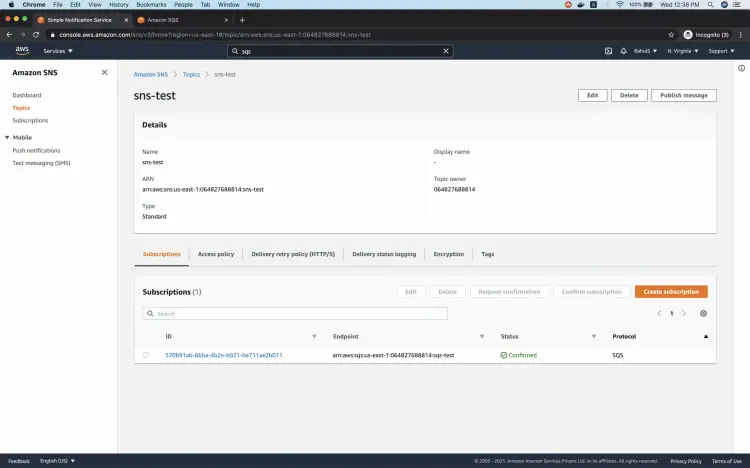 Подписка SQS отображается в теме SNS, статус confirmed