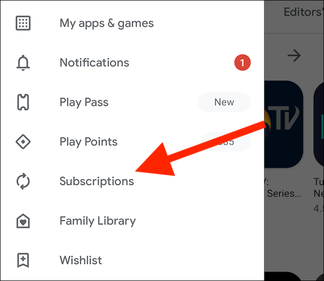 Опция Подписки в меню Google Play