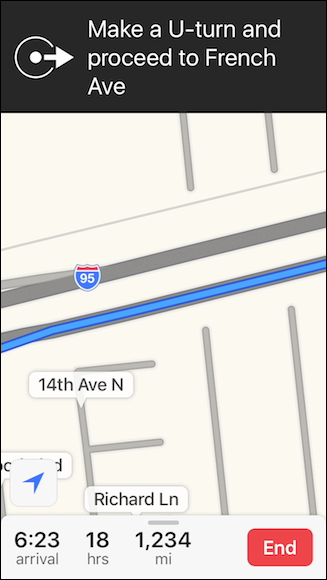 Экран Apple Maps: свайп вверх для быстрого меню с остановками (заправка, обед, кофе)