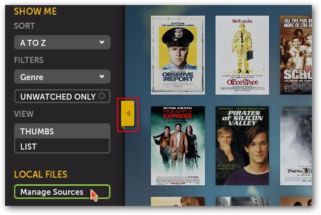 Страница управления источниками в Boxee