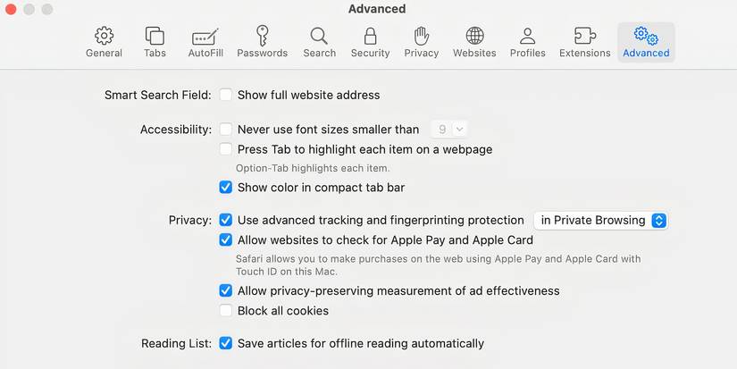 Окно настроек Safari с опцией автоматического сохранения статей для офлайн‑чтения