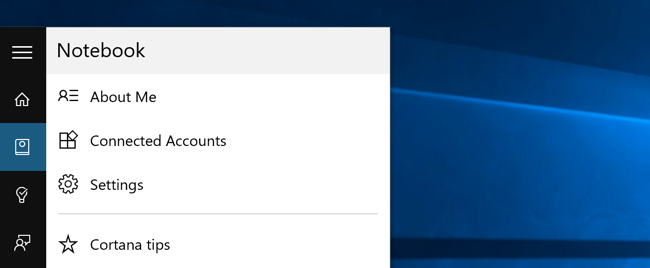 Настройки Cortana при включённой службе: значок Блокнот и доступ к настройкам