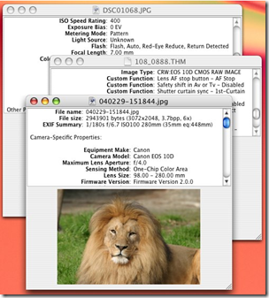 Mac OS: окно 'Получить информацию' с Exif