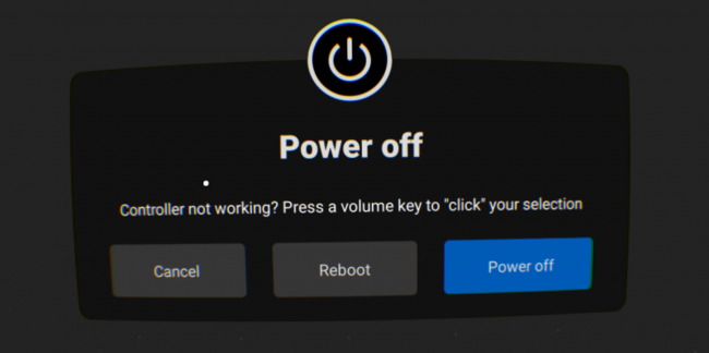 Меню питания Oculus Go с опциями Reboot и Power Off