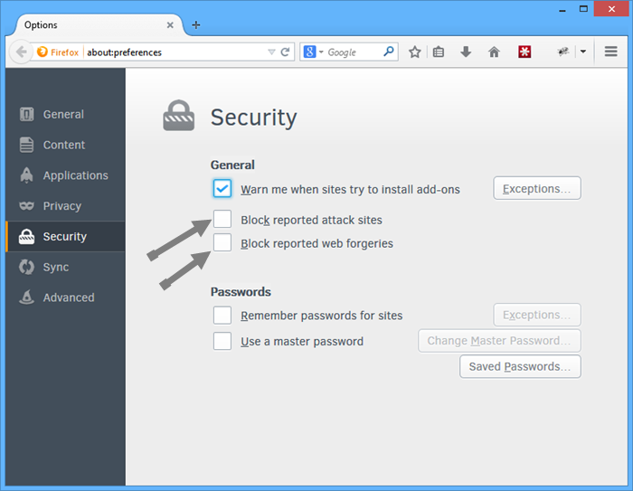 Отключение защитных опций в настройках Firefox