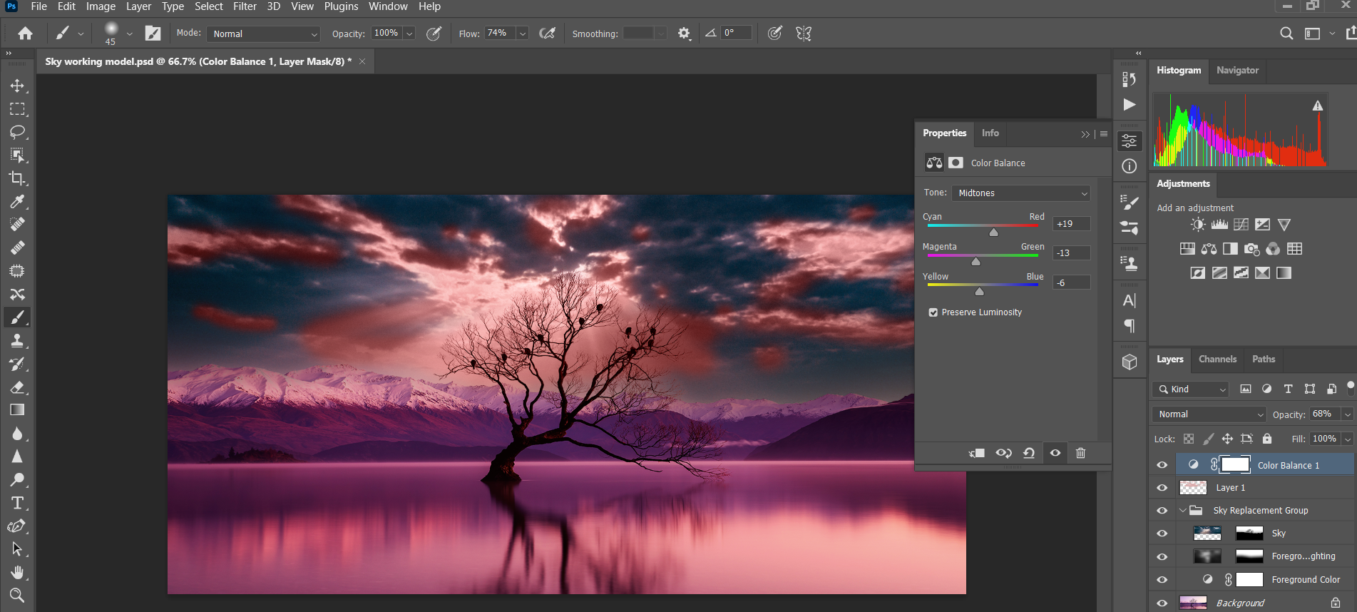 Регулировка ползунков средних тонов, светов и теней