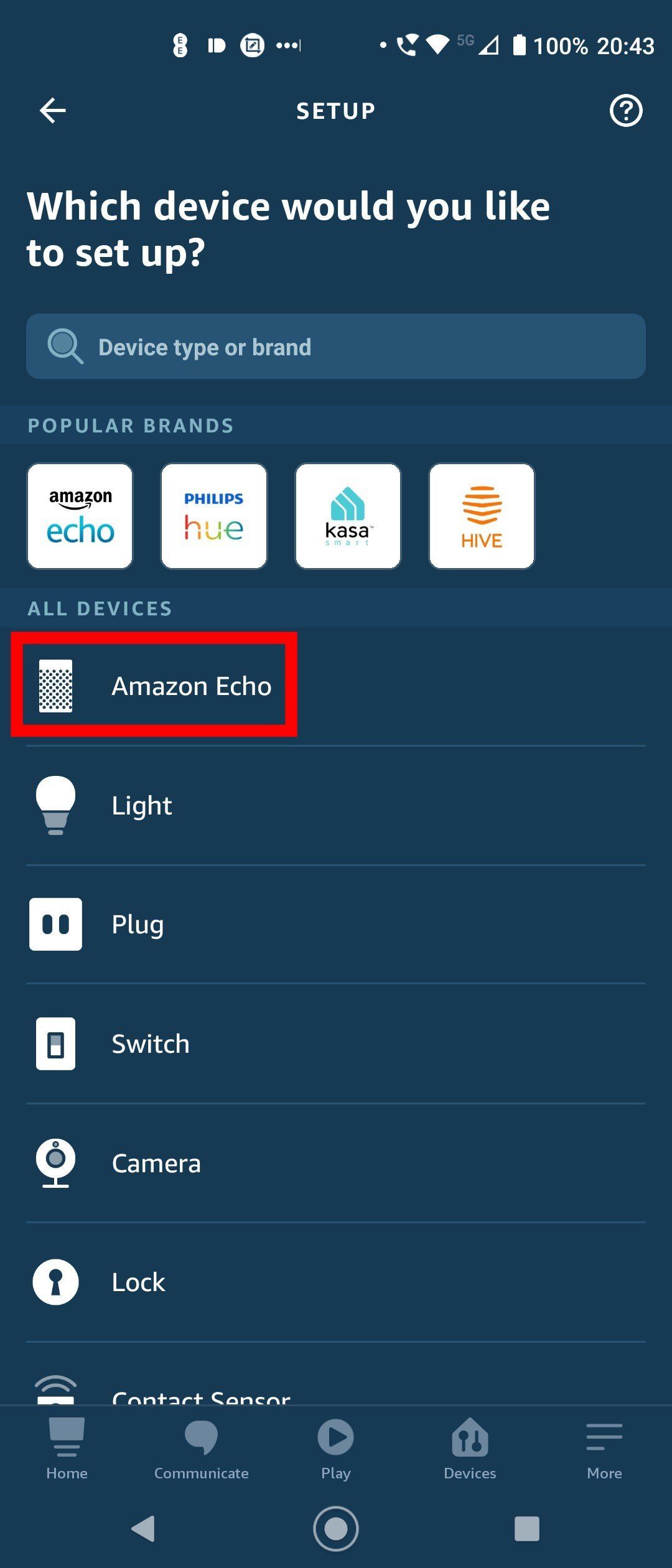 Выбор Amazon Echo в списке устройств