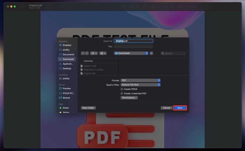 Сохранение уменьшенного PDF в Preview