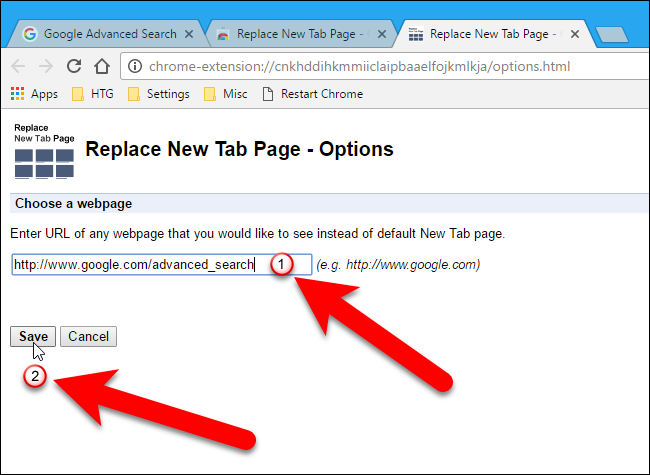 Ввод URL для Replace New Tab Page в Chrome