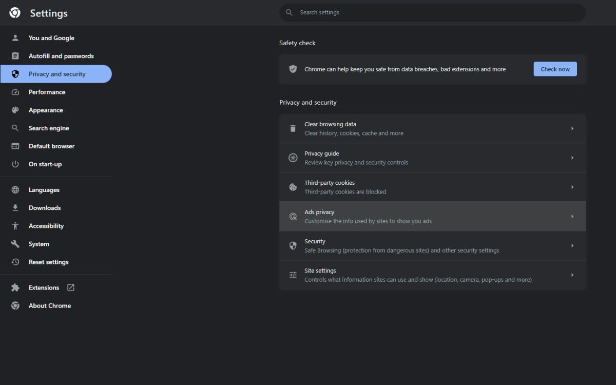 Страница Конфиденциальность и безопасность в Chrome