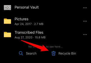 Секция Корзина в мобильном приложении OneDrive
