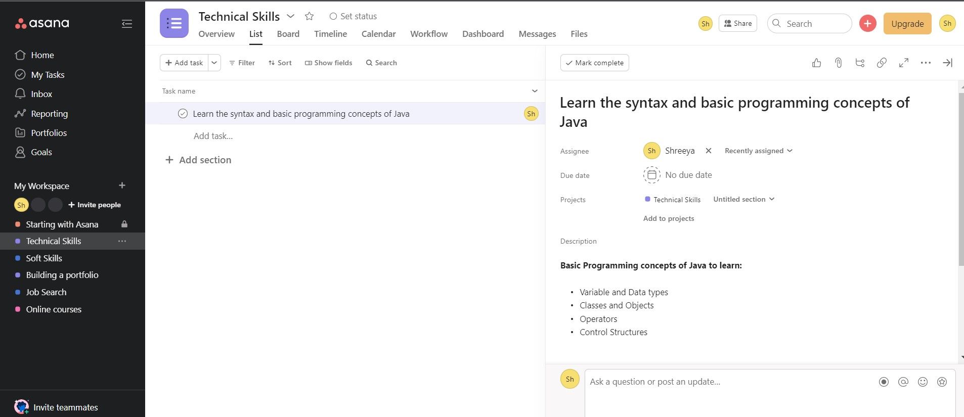 Панель добавления задач в Asana