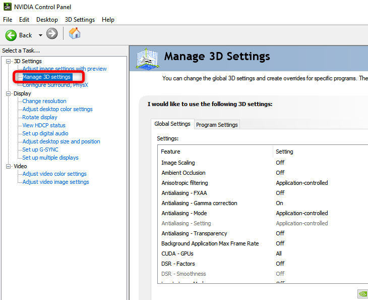 Меню Manage 3D Settings в Панели управления NVIDIA