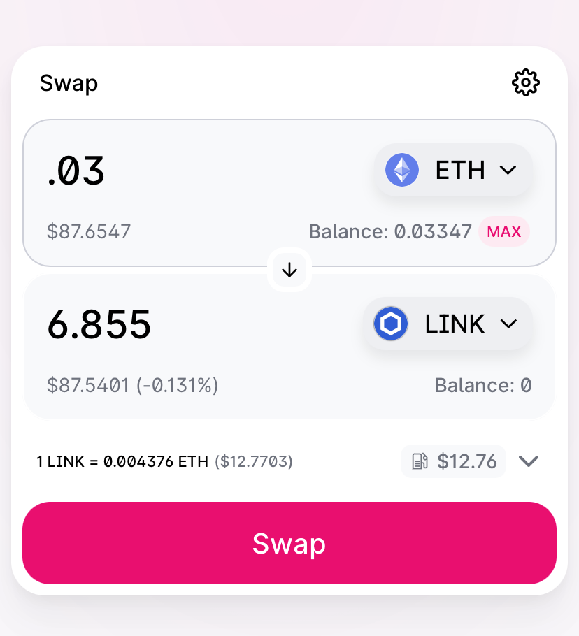Интерфейс обмена ETH на LINK в приложении MetaMask.