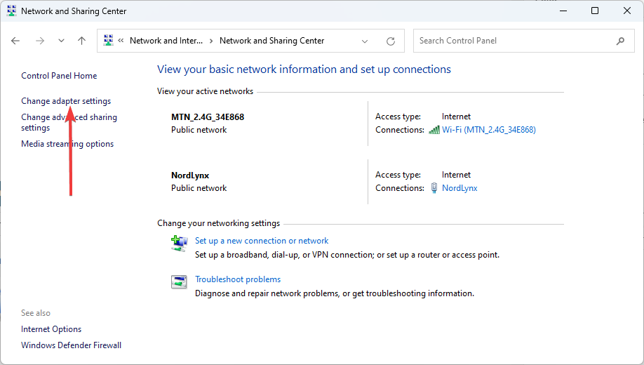 Список сетевых адаптеров в Центре управления сетями