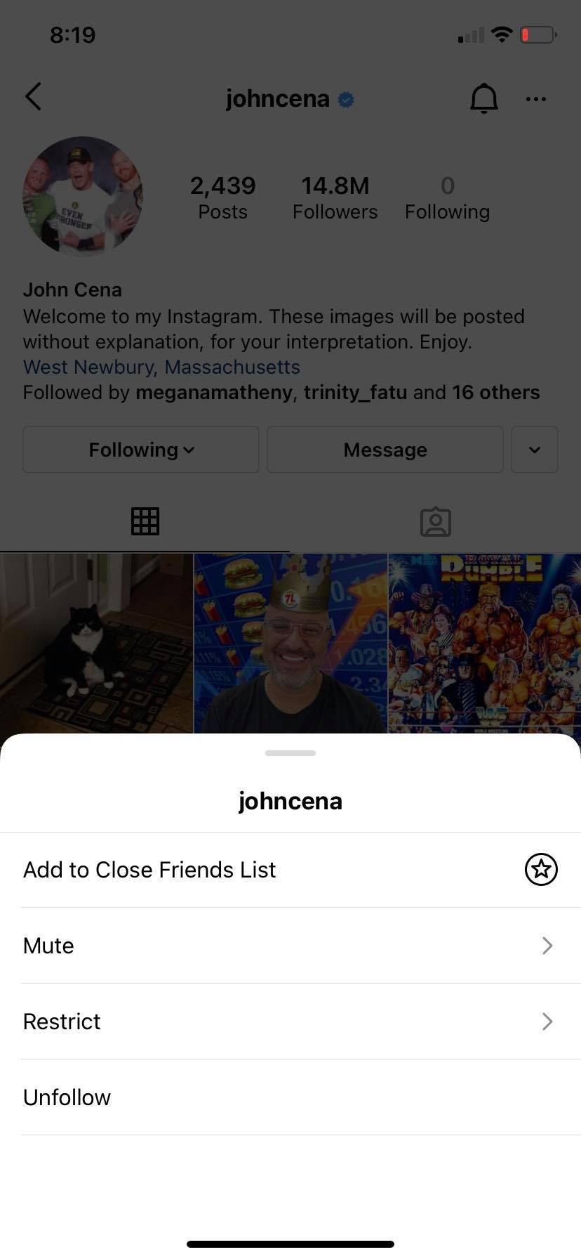 Меню параметров профиля Instagram