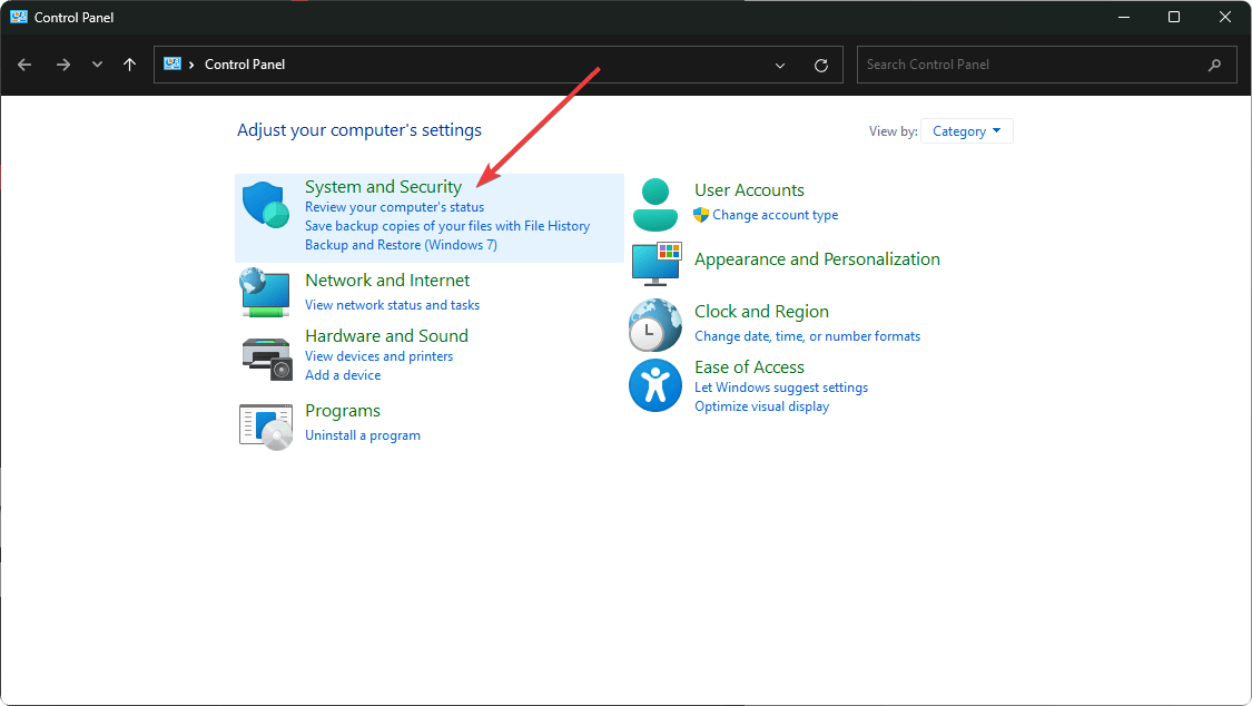 Переход в Система и безопасность Панели управления