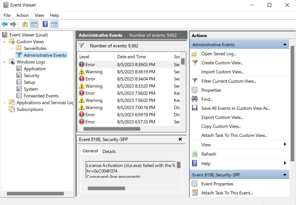 Административные события в Просмотре событий