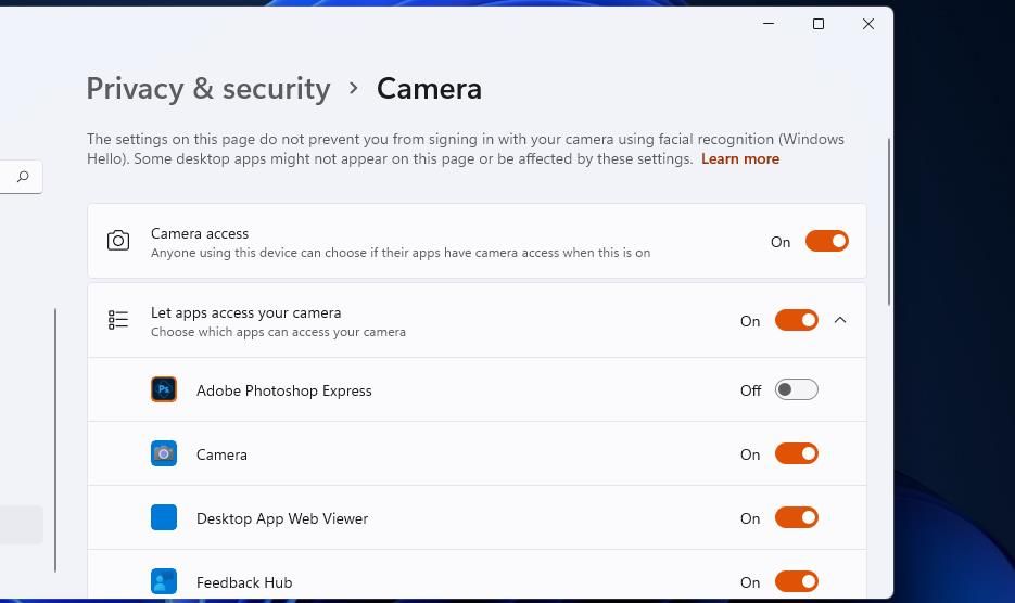 Опция доступа к камере в Параметрах Windows
