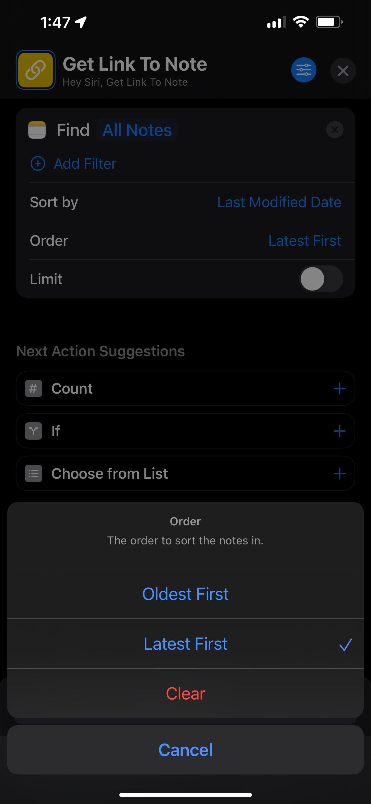 сортировка в Shortcuts для поиска заметок