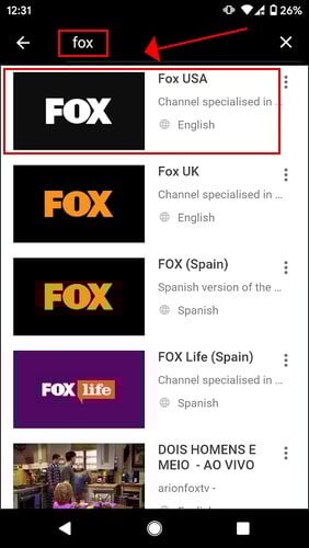 Интерфейс Mobdro — выбор канала FOX USA