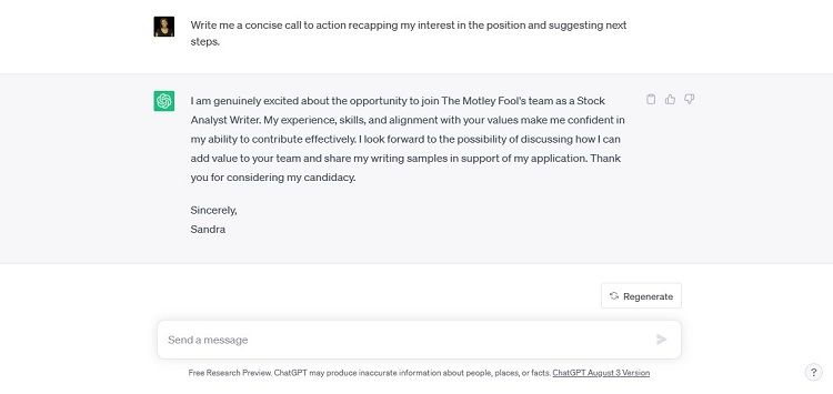 Скриншот заключительного абзаца с призывом к действию, сгенерированного ChatGPT