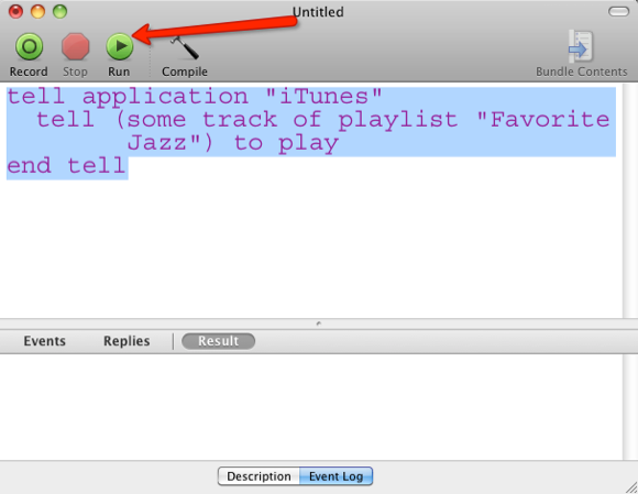 Окно редактора AppleScript с примером кода и увеличенным шрифтом